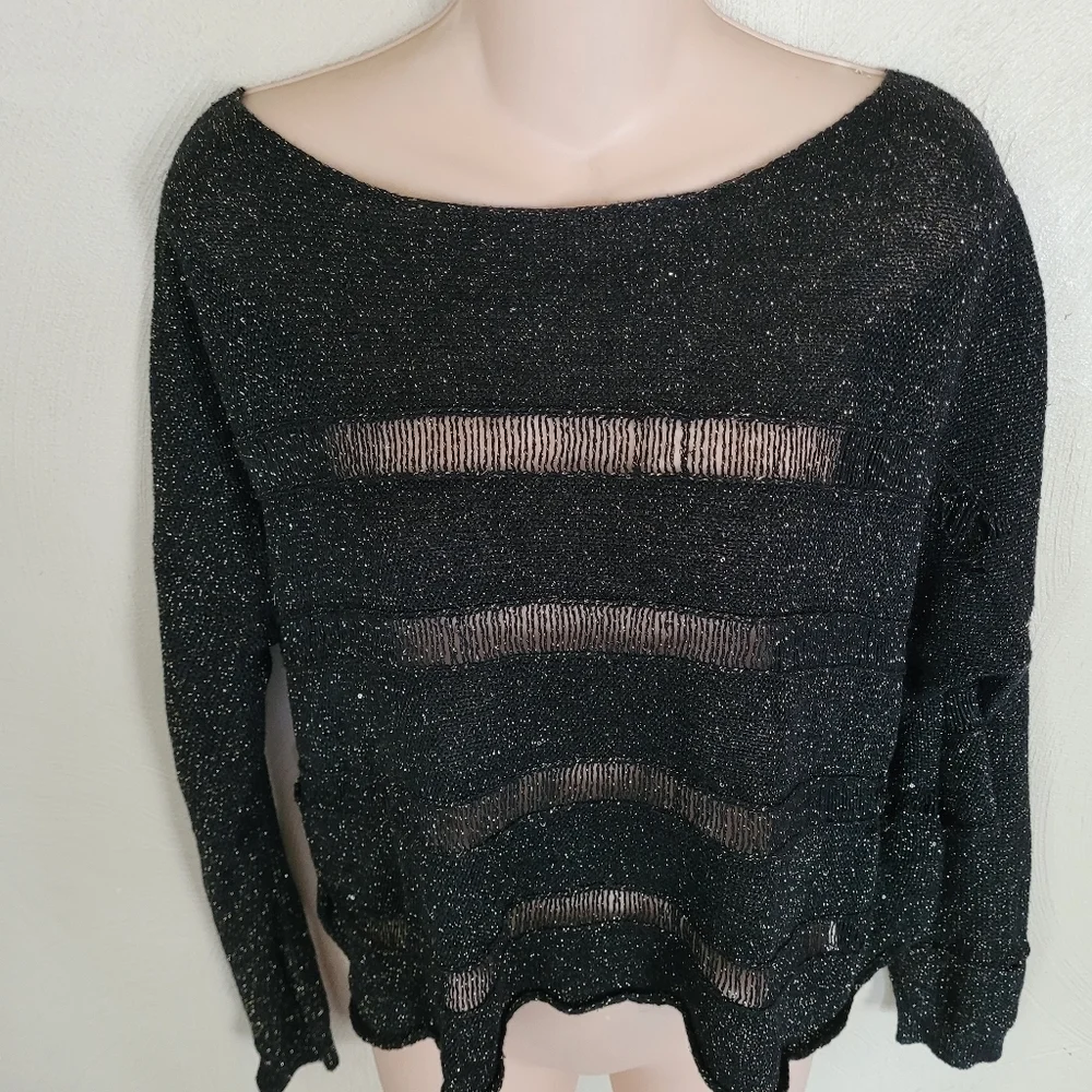 Rock & Republic Black Metallic Distressed Knit Cut out Sweater Size Womens L/XL